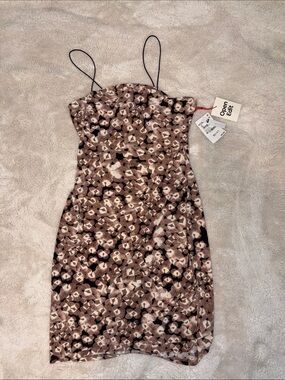 Brown Floral Spaghetti-Strap Mini Dress by Open Edit